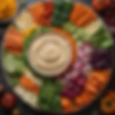 A variety of colorful vegetables and hummus arranged aesthetically on a platter.