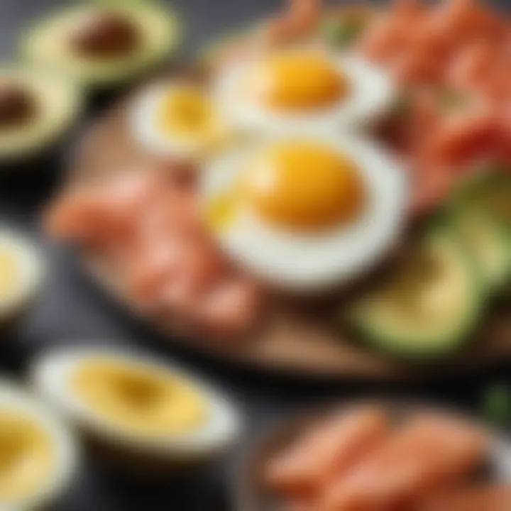 A beautifully arranged platter of eggs, avocado, and smoked salmon