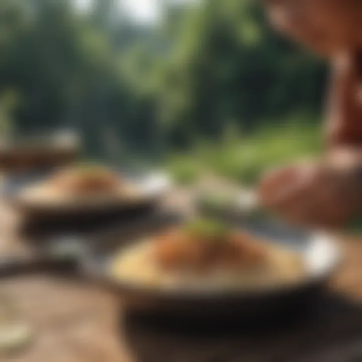 Individual enjoying a balanced rice dish outdoors