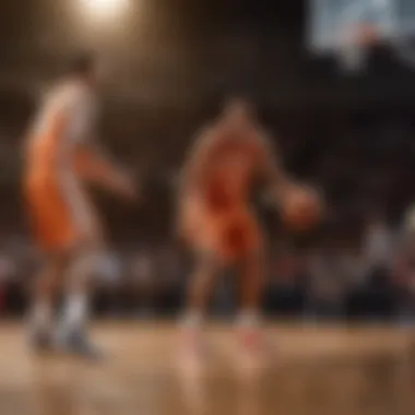 Basketball court with players engaging in a fast-paced game