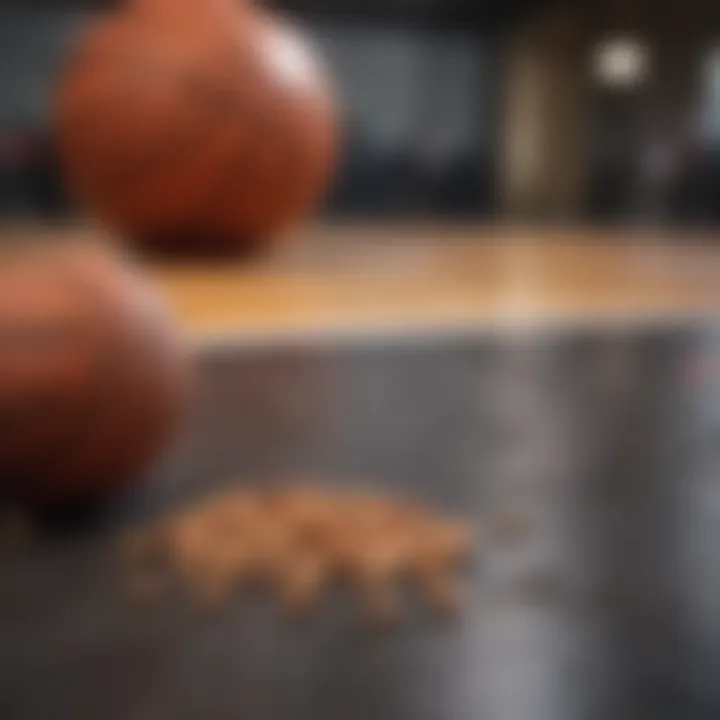 Close-up of a basketball and healthy snacks on a gym floor