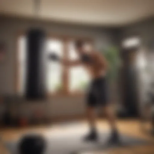 A person engaging with a personal punching bag in a home gym