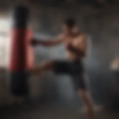 Training Techniques on Personal Punching Bag An individual practicing various punches and kicks on a personal punching bag