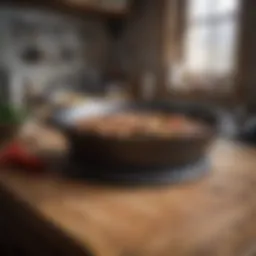 A well-seasoned cast iron skillet resting on a wooden countertop