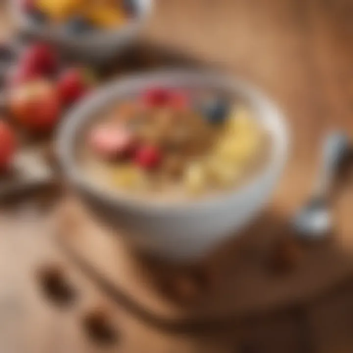 A colorful bowl of oatmeal topped with fruits and nuts