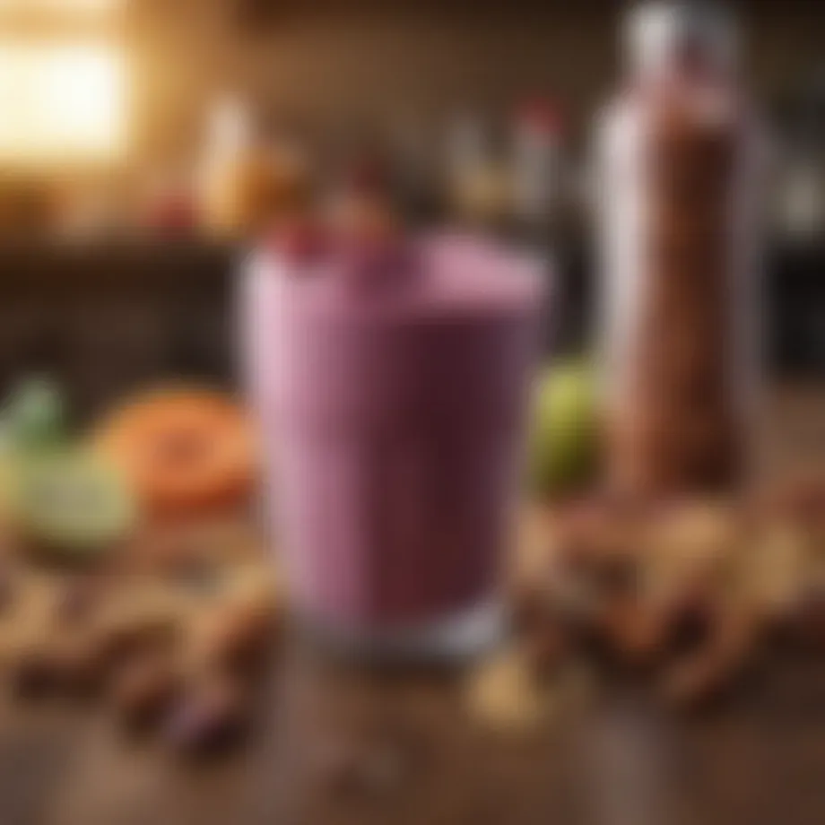 A vibrant assortment of protein shake ingredients including fruits, nuts, and powders