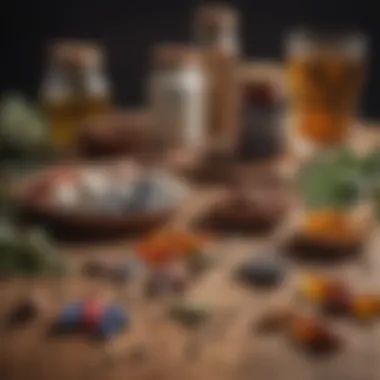 An array of vitamins and supplements displayed elegantly on a wooden table.