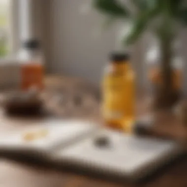 Mindful Health Routine with Ritual Essential Multivitamins A serene workspace with a notebook and an open bottle of Ritual Essential Multivitamins.