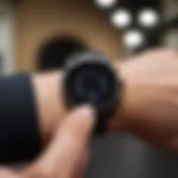 A sleek smart watch displaying an interval timer during an intense workout session.