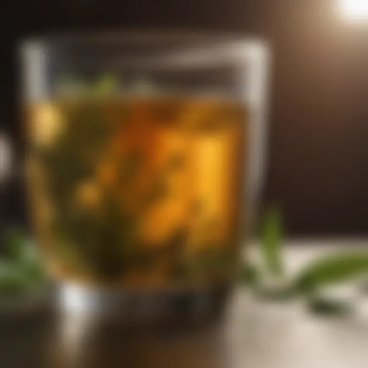 A close-up of a glass filled with herbal tea, suggesting natural beverages that support liver detoxification.