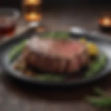 Garnished Reheated Steak Presentation An elegant plated reheated steak garnished with herbs