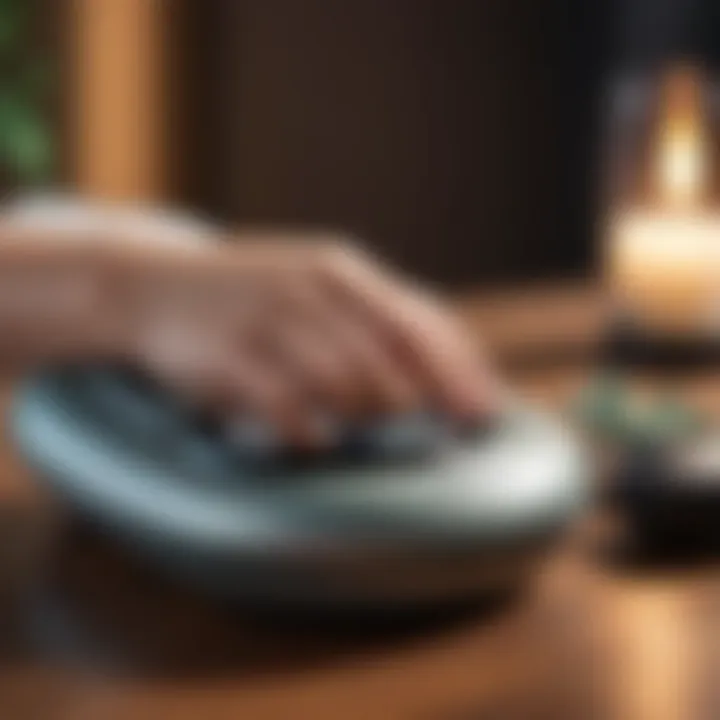 A serene setting with a handheld massager on a wellness table