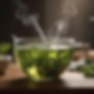 Close-up of a cup of green tea with steam rising