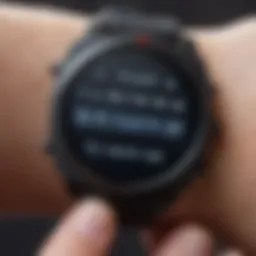 Close-up of a smart watch displaying caloric data