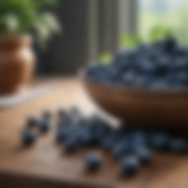 A vibrant bowl of blueberries surrounded by greenery