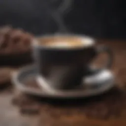 A steaming cup of black coffee with a backdrop of fresh coffee beans