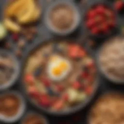 A vibrant spread of various energizing breakfast foods featuring fruits, nuts, and whole grains