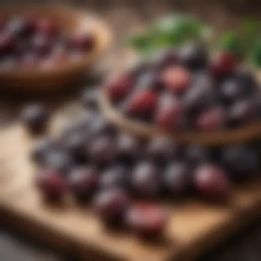 Dried plums displayed on a wooden table with fresh fruits.