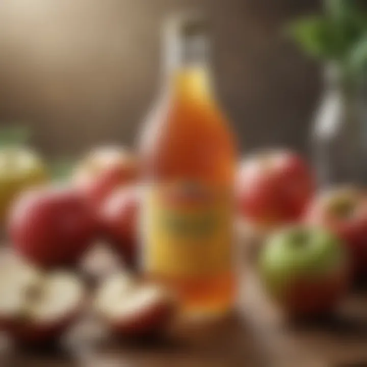 An elegant tablespoon of apple cider vinegar surrounded by fresh apples, representing its role in weight loss.