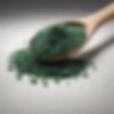 A vibrant green tablespoon of spirulina powder against a clean white background, highlighting its health benefits.