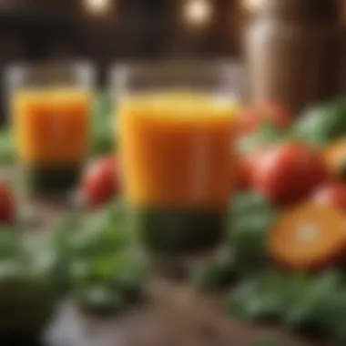 Freshly squeezed vegetable juice in a glass with colorful veggies