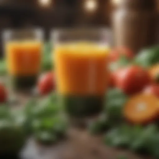 Freshly squeezed vegetable juice in a glass with colorful veggies