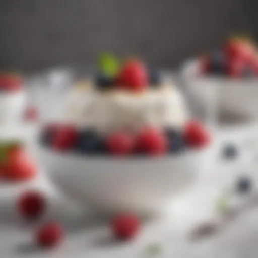 A bowl of creamy yogurt topped with fresh berries and a drizzle of honey