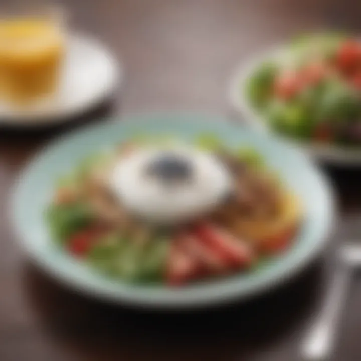 A colorful lunch plate featuring yogurt alongside salad and whole grains