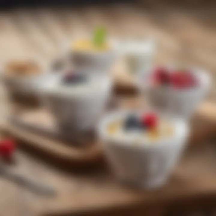 A selection of different yogurt types in small bowls on a wooden table