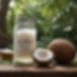 Coconut oil in a glass jar surrounded by fresh coconuts