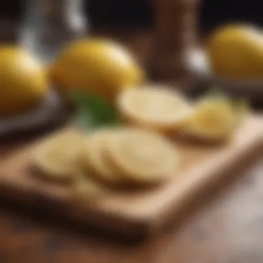 A collection of fresh ginger and lemon slices on a cutting board