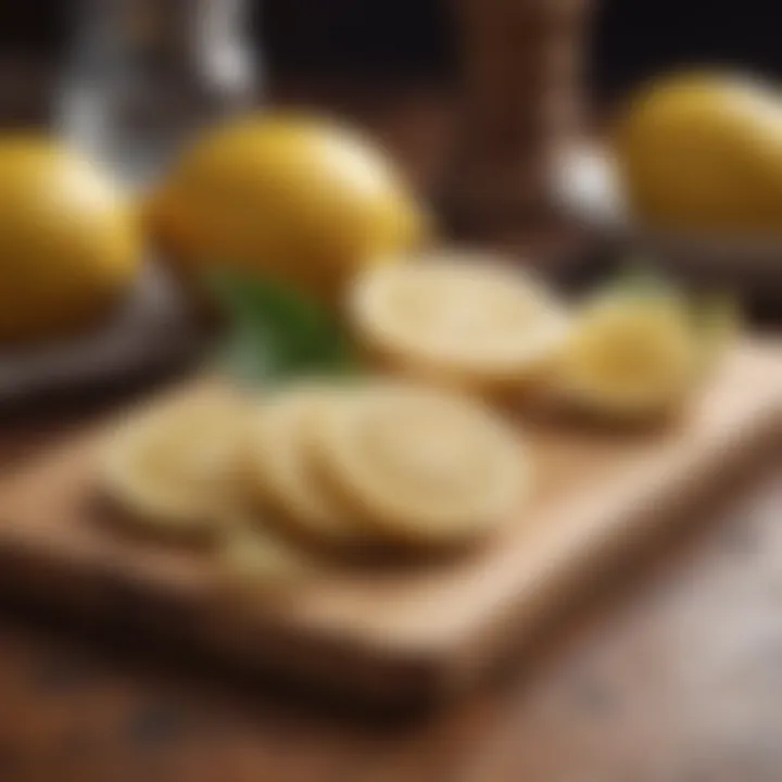 A collection of fresh ginger and lemon slices on a cutting board