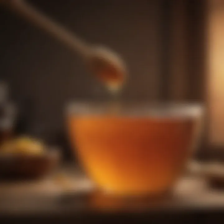 A bowl of honey with a wooden dipper resting beside it