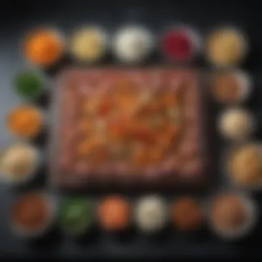 An array of ingredients used in frozen meal preparation laid out artistically