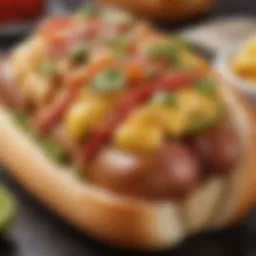 A close-up of a gourmet hot dog topped with fresh ingredients