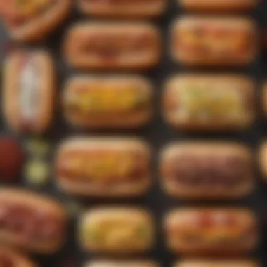 Hot Dog Toppings Selection A detailed spread showcasing various hot dog toppings like onions, relish, and mustard