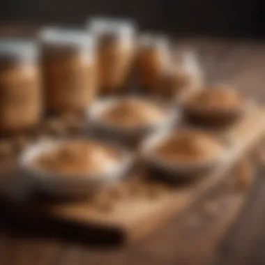 Different varieties of peanut butter on a wooden table