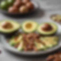 Plate of assorted keto-friendly foods including avocados and nuts