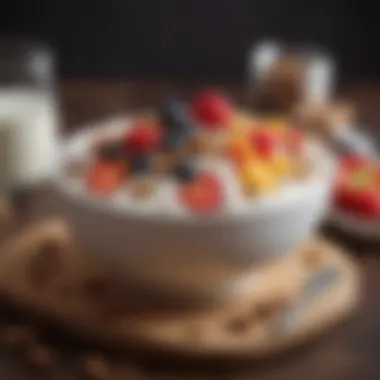 A bowl of Greek yogurt topped with fresh fruits and nuts