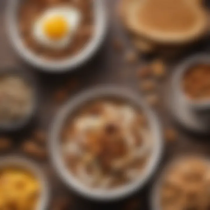 An array of protein-packed breakfast options including nuts, seeds, and toast