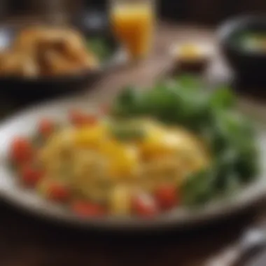 A plate of scrambled eggs garnished with herbs and vegetables