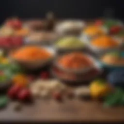 Colorful spread of nutrient-dense foods on a table